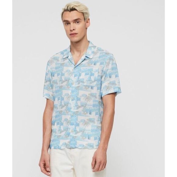 ALLSAINTS Men’s Tropical Hawaiian Sayonara Shirt In Aqua Blue - Picture 1 of 10